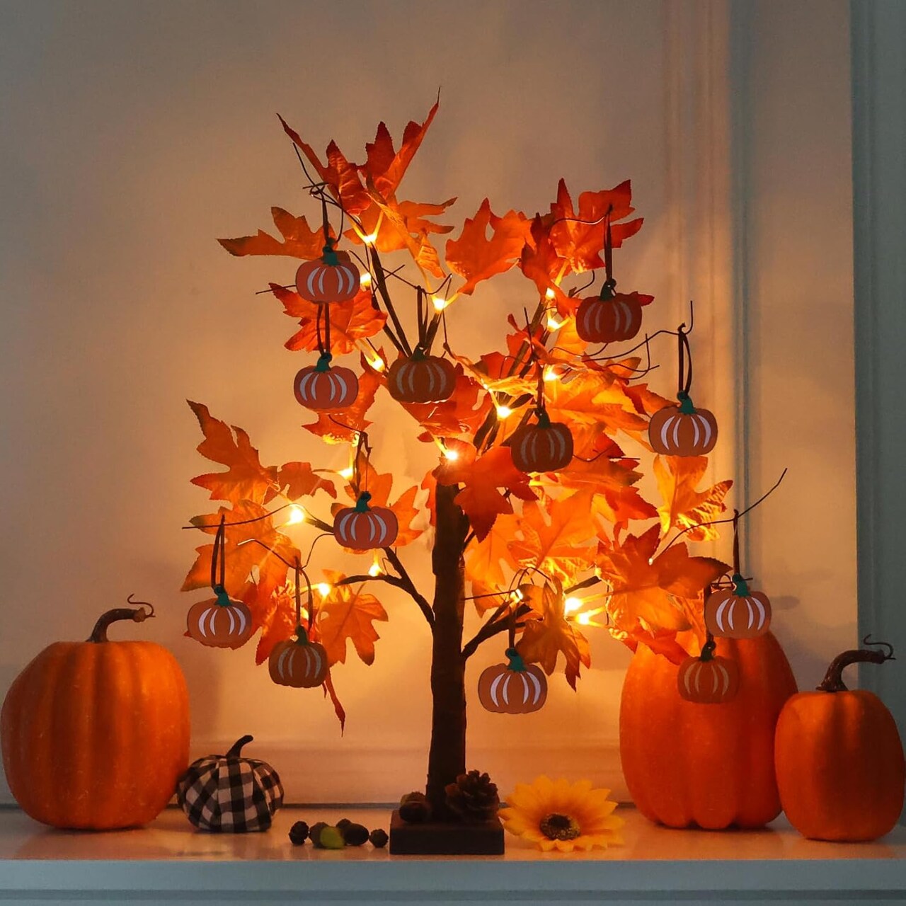 24” Lighted Maple Leaves Tree – 2FT Autumn Table Decor with 24 LED Lights & 12 Wood Pumpkin Ornaments, Battery-Powered Timer Artificial Fall Tree for Home & Thanksgiving Decorations